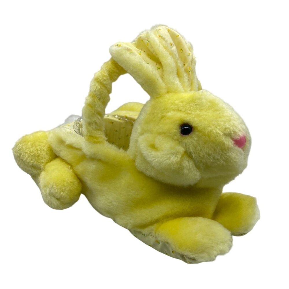 Vtg Yellow Bunny Rabbit Plush Easter Basket‎ Stuffed Animal 8"x13" Floral Lining